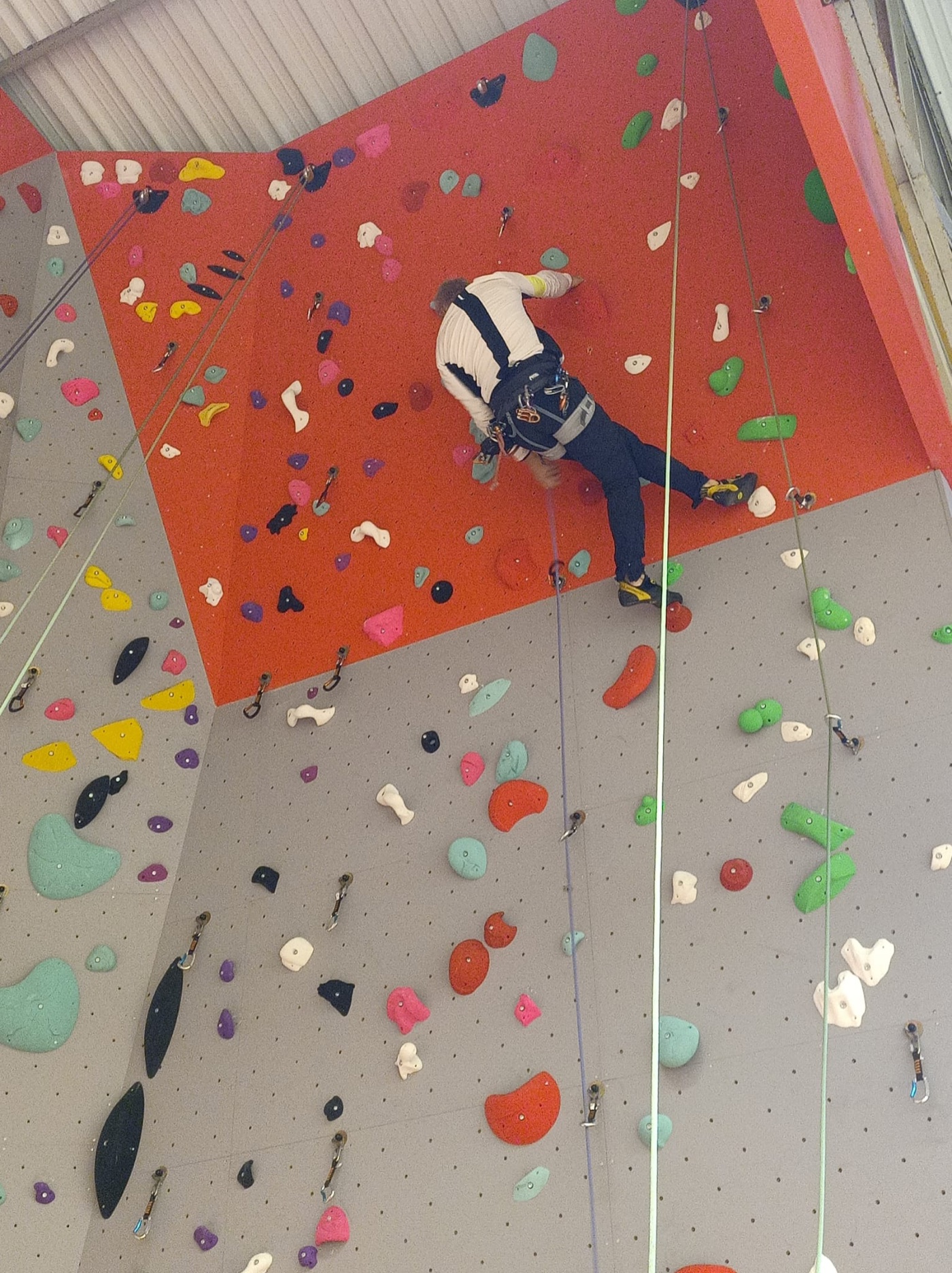 Un grimpeur évolue sur le mur sous le regard de son assureur
